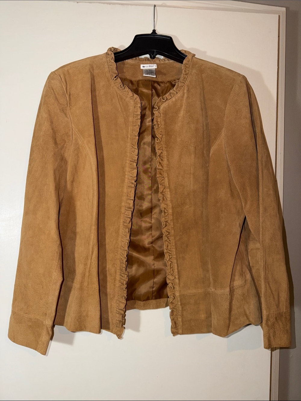 Vintage Units Camel Suede Ruffle-Trim Leather Jacket